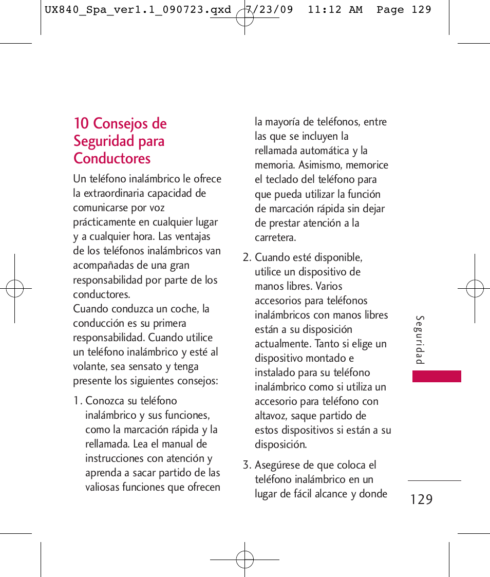 10 consejos de seguridad para conductores | LG UX840 User Manual | Page 269 / 289