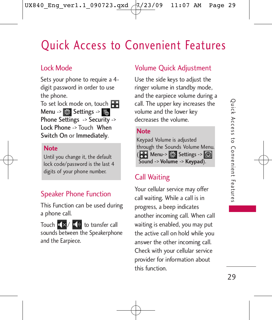 Quick access to convenient features, Lock mode, Speaker phone function | Volume quick adjustment, Call waiting | LG UX840 User Manual | Page 31 / 289