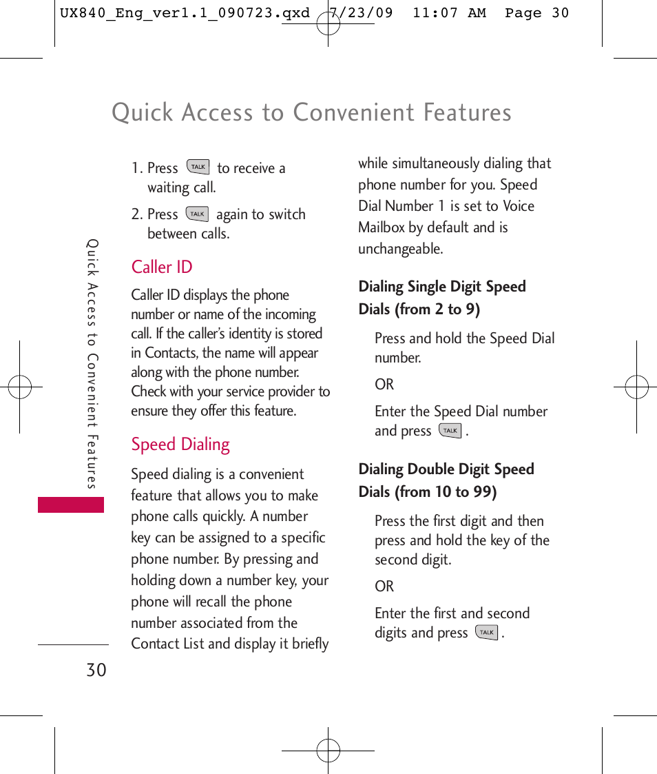 Quick access to convenient features, Caller id, Speed dialing | LG UX840 User Manual | Page 32 / 289