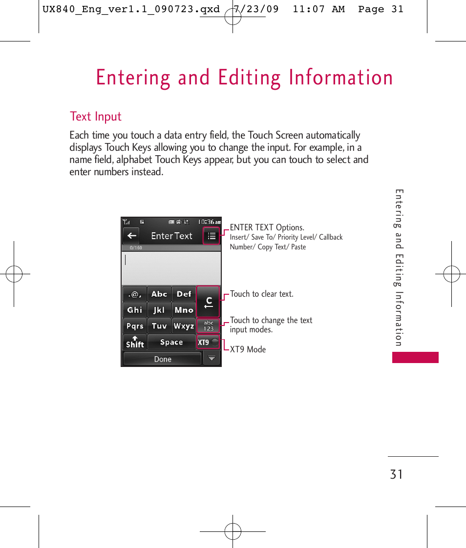 Entering and editing information, Text input | LG UX840 User Manual | Page 33 / 289