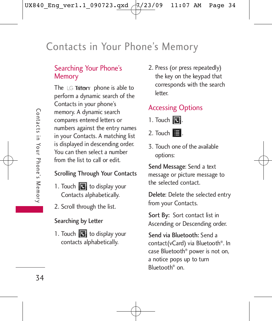 Accessing options | LG UX840 User Manual | Page 36 / 289