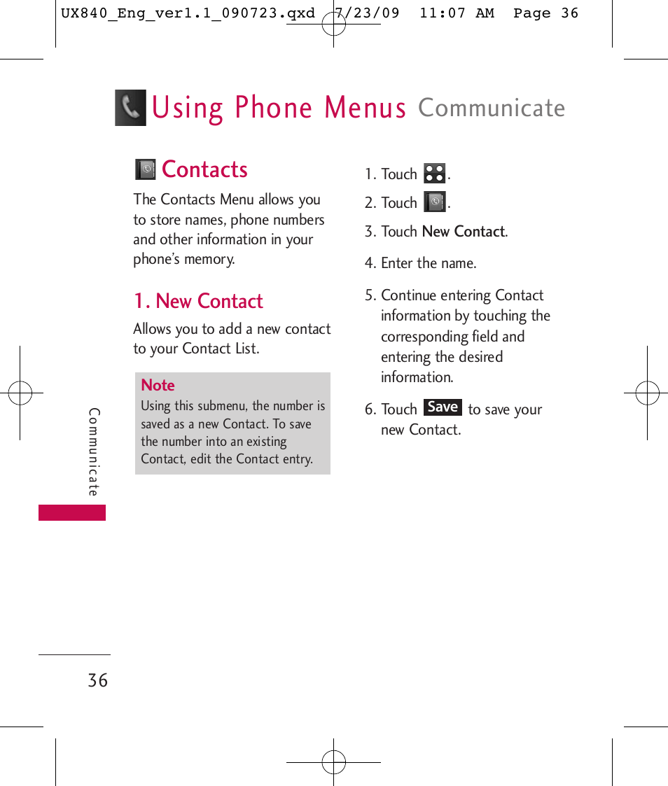 Using phone menus, Communicate, Contacts | New contact | LG UX840 User Manual | Page 38 / 289