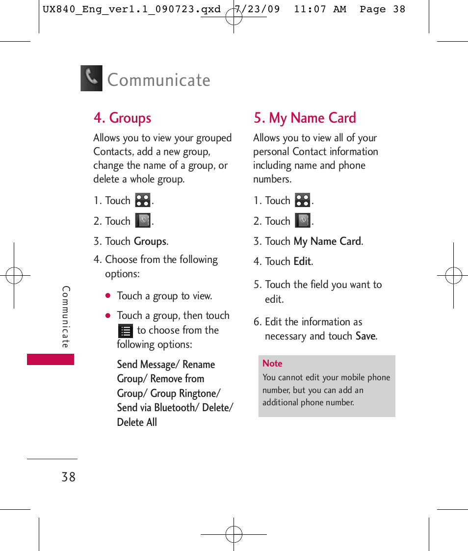 Communicate, Groups, My name card | LG UX840 User Manual | Page 40 / 289