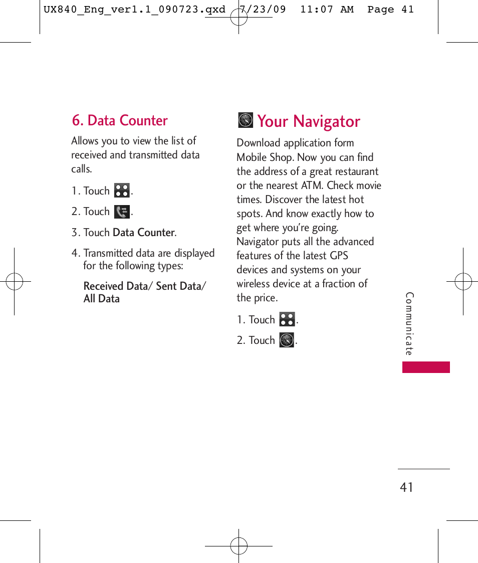 Your navigator, Data counter | LG UX840 User Manual | Page 43 / 289