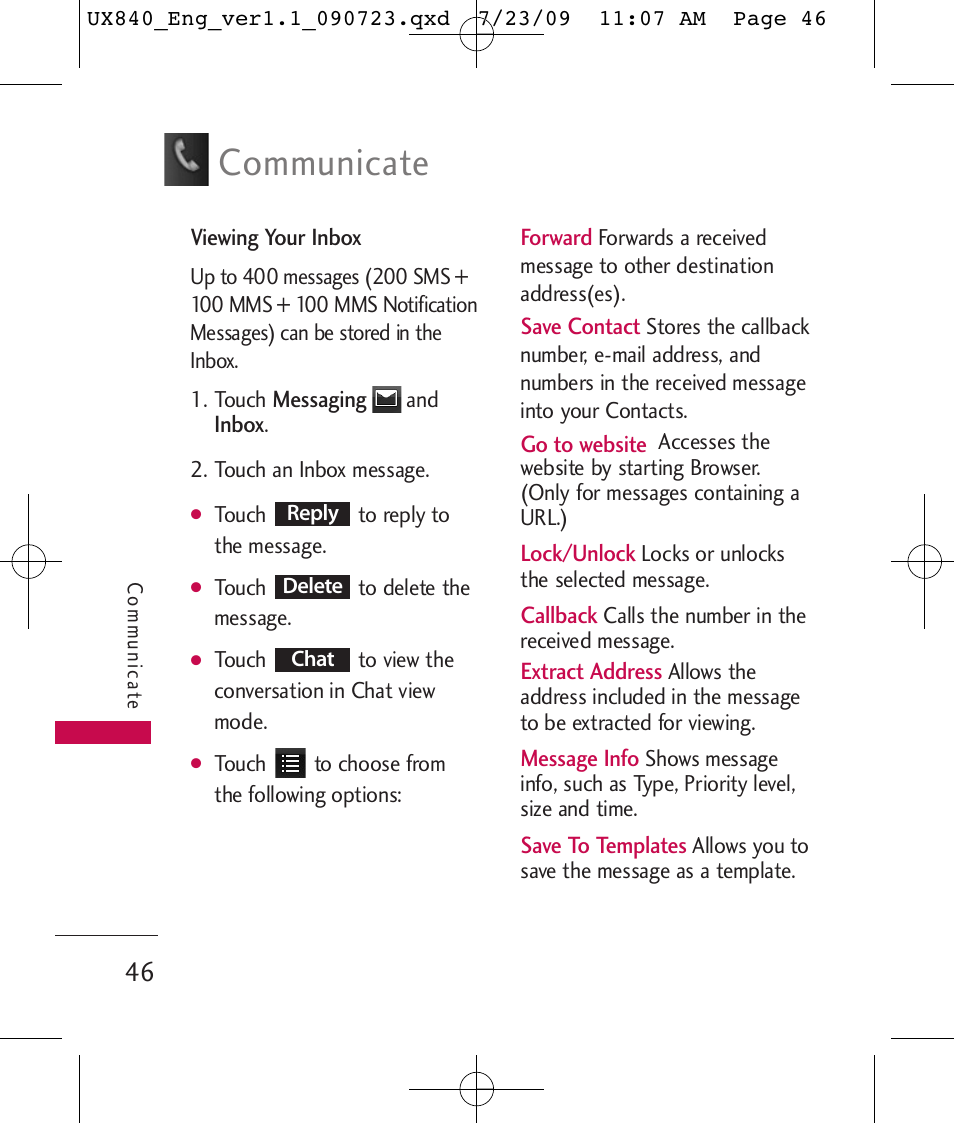 Communicate | LG UX840 User Manual | Page 48 / 289