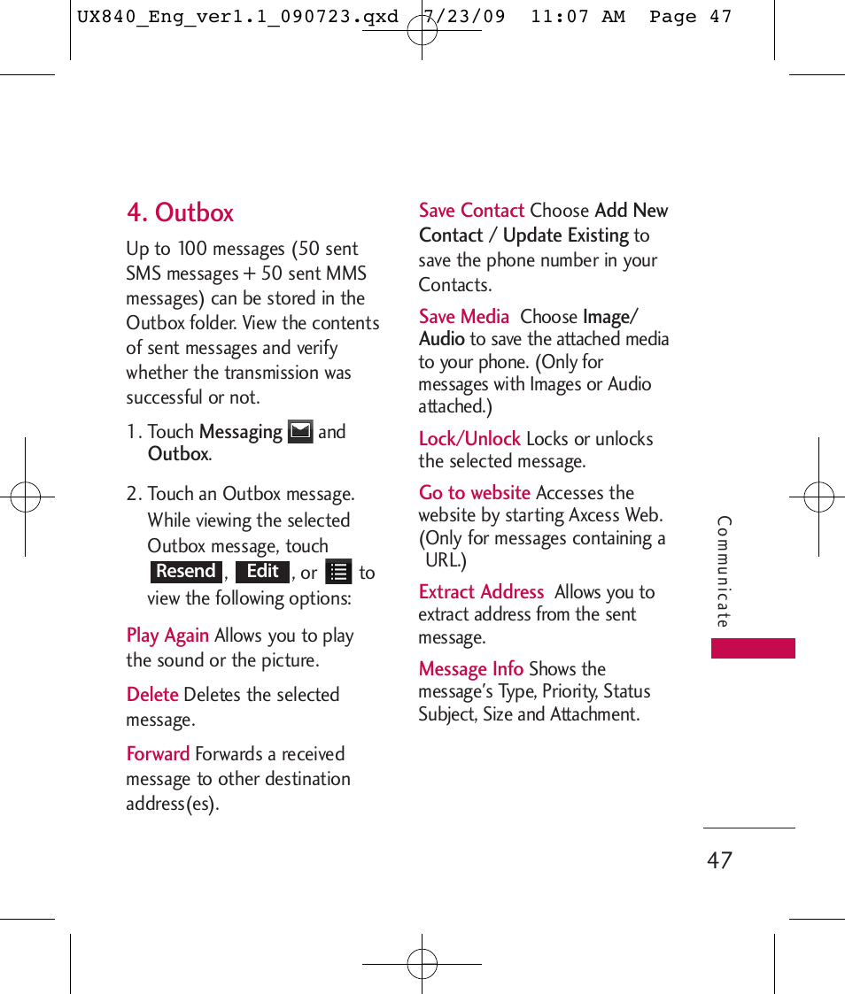 Outbox | LG UX840 User Manual | Page 49 / 289