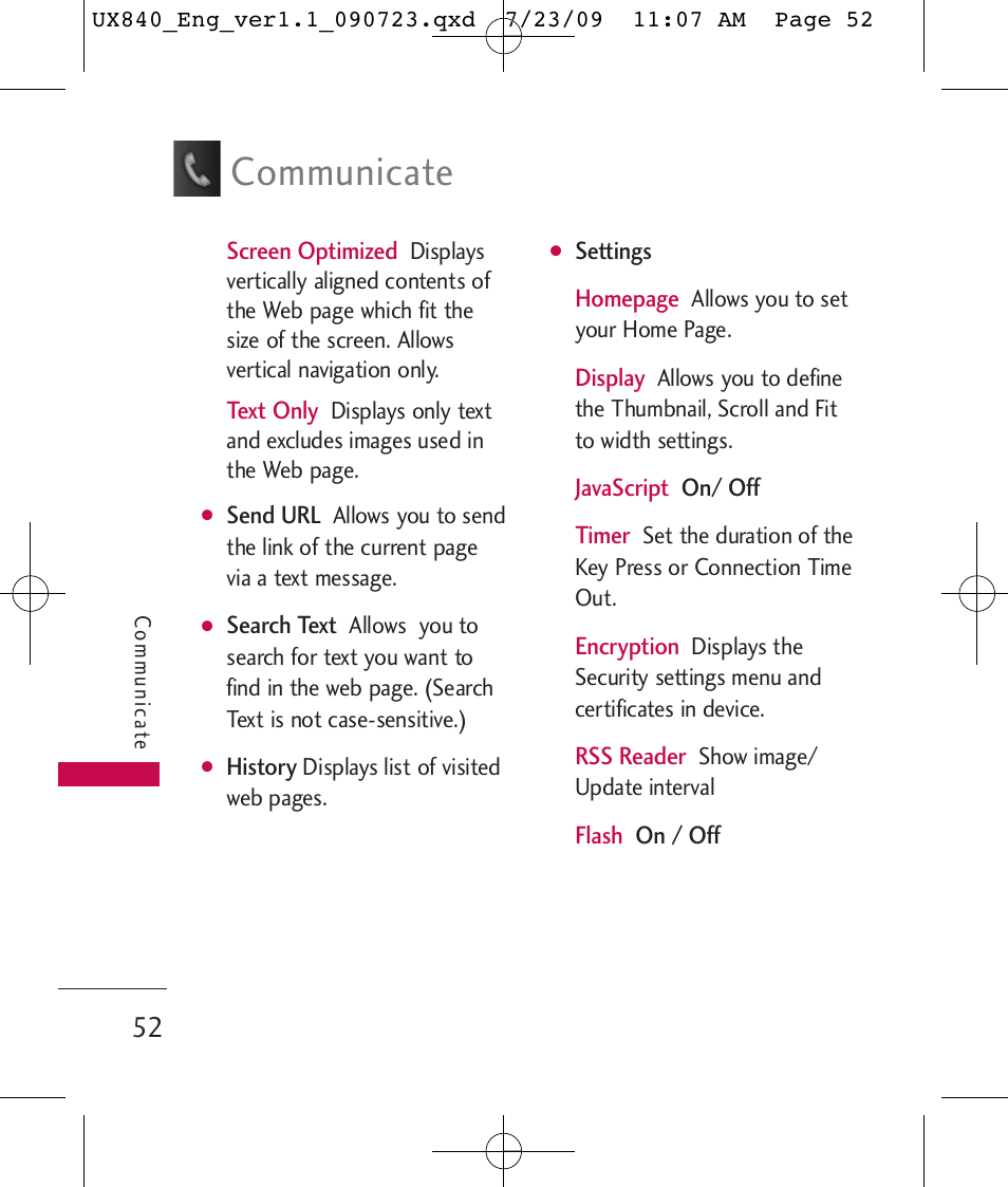 Communicate | LG UX840 User Manual | Page 54 / 289