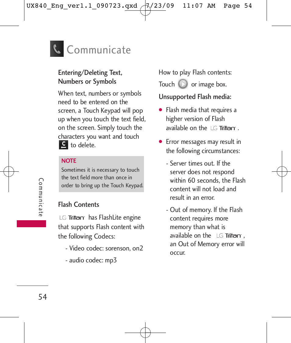 Communicate | LG UX840 User Manual | Page 56 / 289