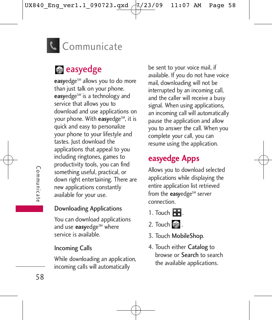 Communicate, Easyedge, Easyedge apps | LG UX840 User Manual | Page 60 / 289