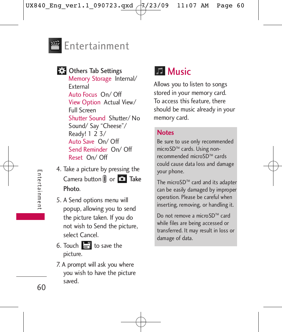 Entertainment, Music | LG UX840 User Manual | Page 62 / 289