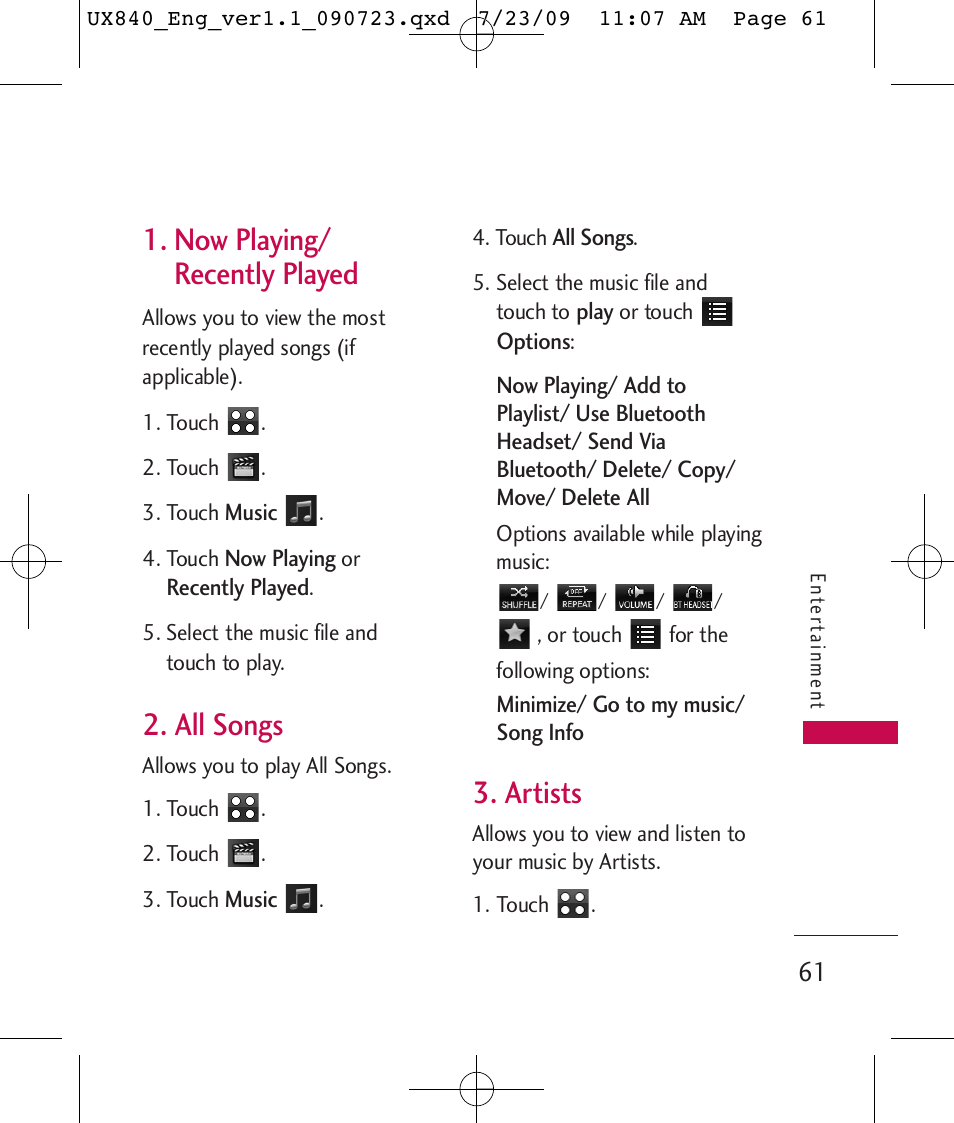 Now playing/ recently played, All songs, Artists | LG UX840 User Manual | Page 63 / 289