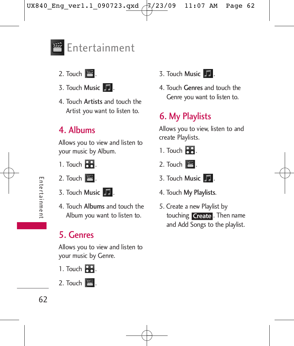 Entertainment, Albums, Genres | My playlists | LG UX840 User Manual | Page 64 / 289