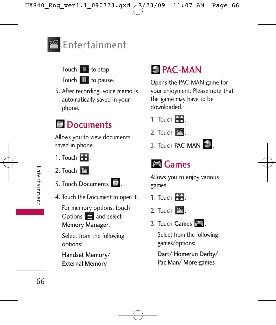 Entertainment, Documents, Pac-man | Games | LG UX840 User Manual | Page 68 / 289