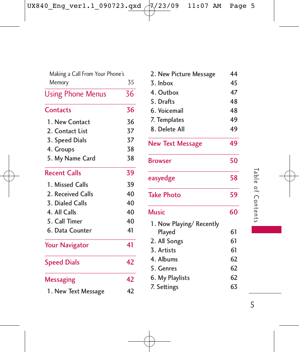 Using phone menus 36 | LG UX840 User Manual | Page 7 / 289