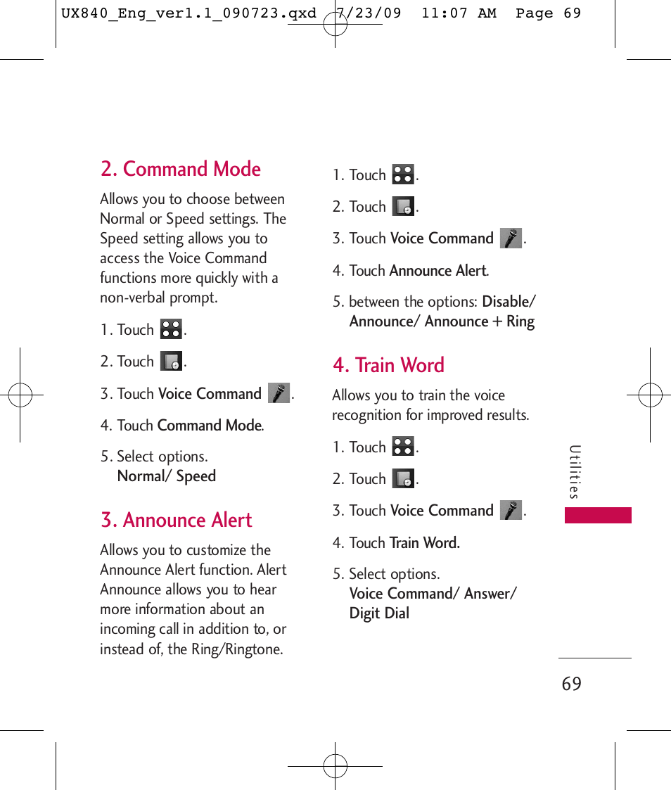 Command mode, Announce alert, Train word | LG UX840 User Manual | Page 71 / 289