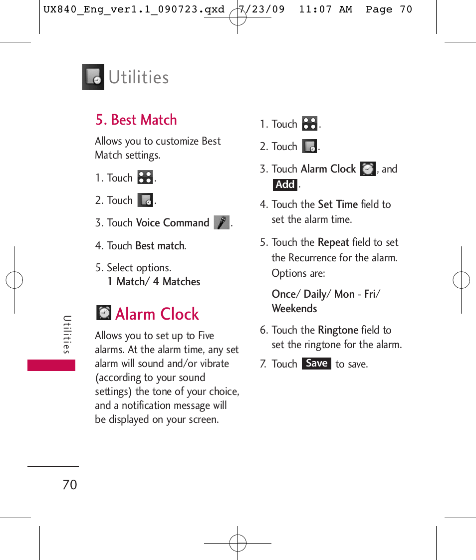 Utilities, Alarm clock, Best match | LG UX840 User Manual | Page 72 / 289