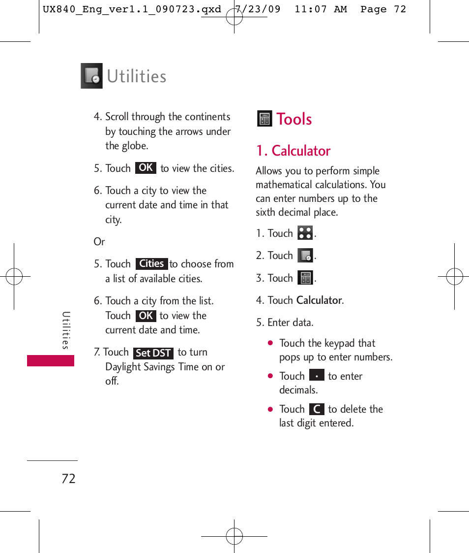 Utilities, Tools, Calculator | LG UX840 User Manual | Page 74 / 289