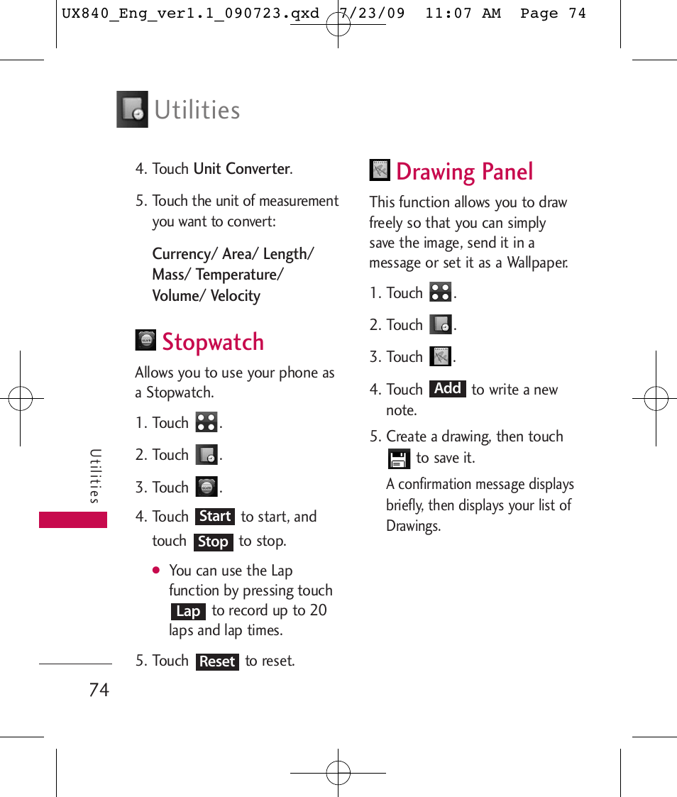 Utilities, Stopwatch, Drawing panel | LG UX840 User Manual | Page 76 / 289