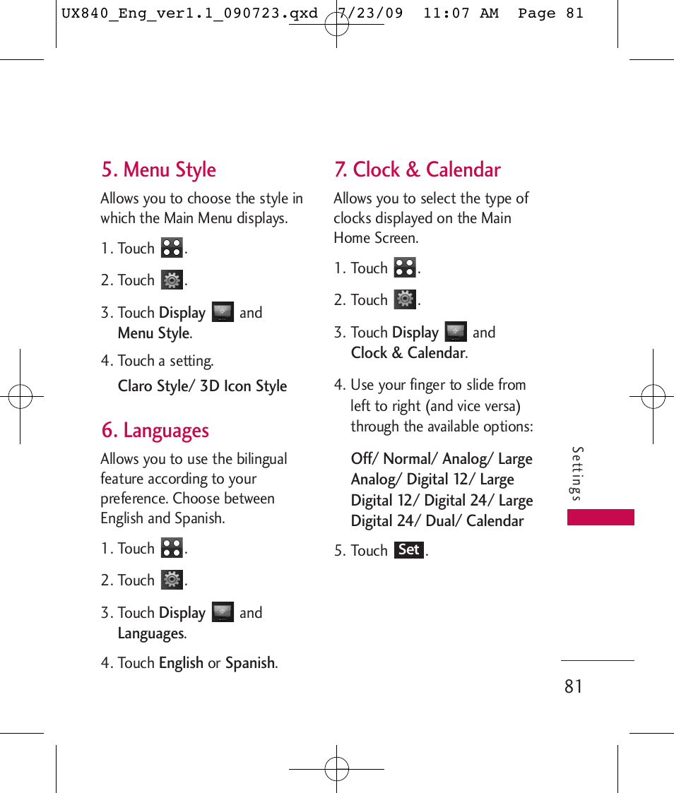 Menu style, Languages, Clock & calendar | LG UX840 User Manual | Page 83 / 289