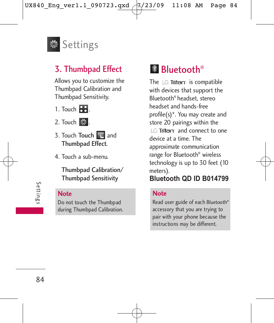 Settings, Bluetooth, Thumbpad effect | LG UX840 User Manual | Page 86 / 289