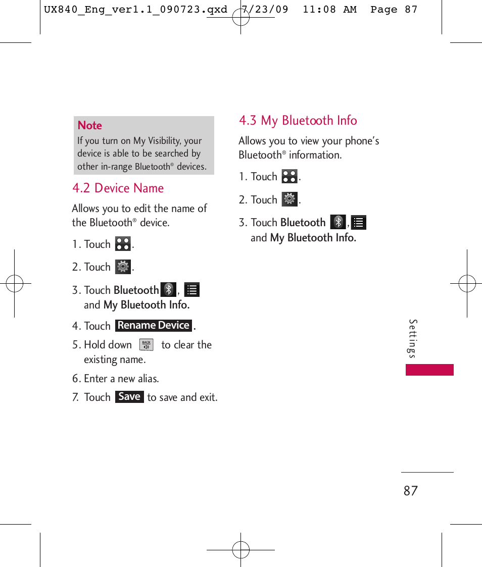 2 device name, 3 my bluetooth info | LG UX840 User Manual | Page 89 / 289