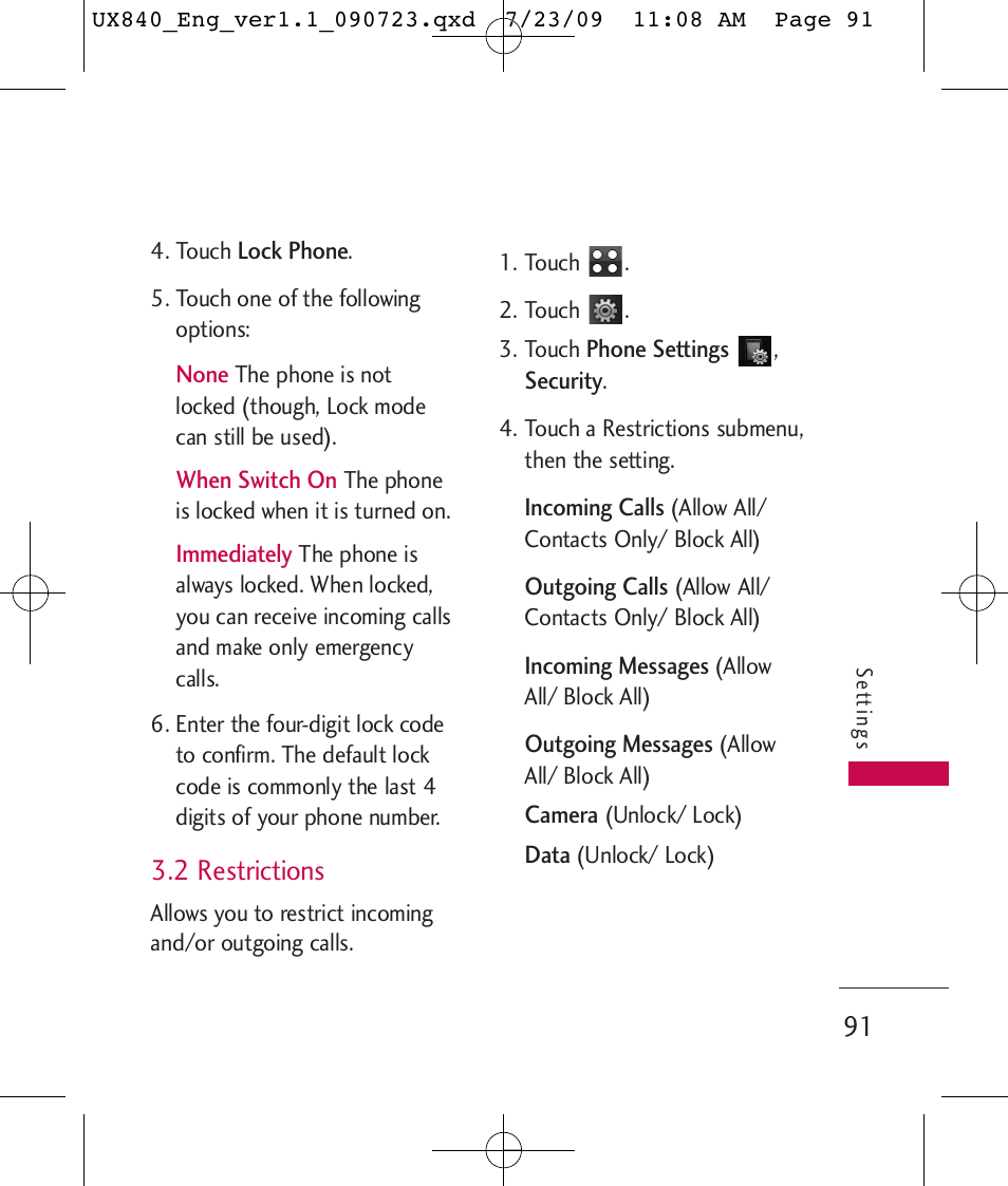 2 restrictions | LG UX840 User Manual | Page 93 / 289