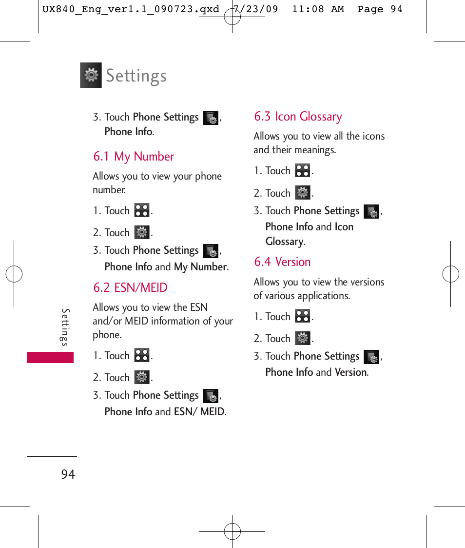 Settings, 1 my number, 2 esn/meid | 3 icon glossary, 4 version | LG UX840 User Manual | Page 96 / 289