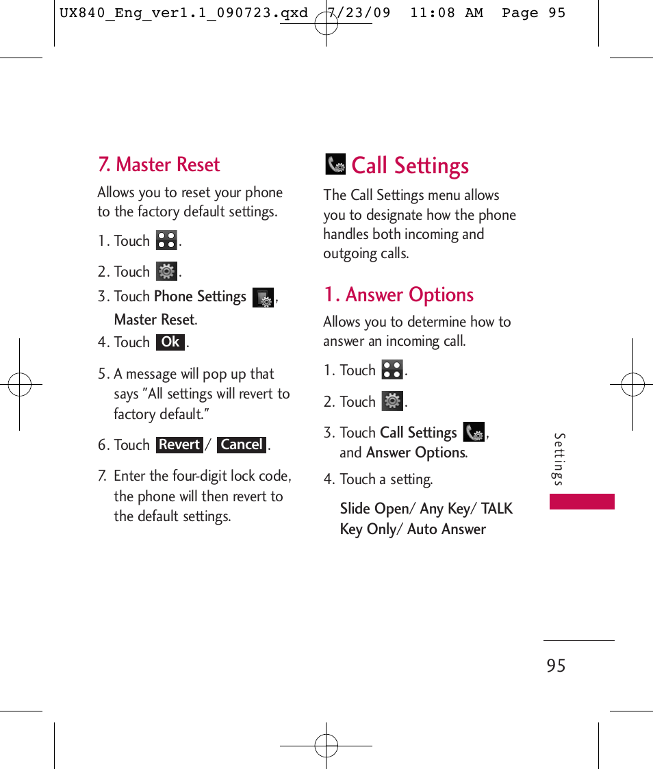 Call settings, Master reset, Answer options | LG UX840 User Manual | Page 97 / 289