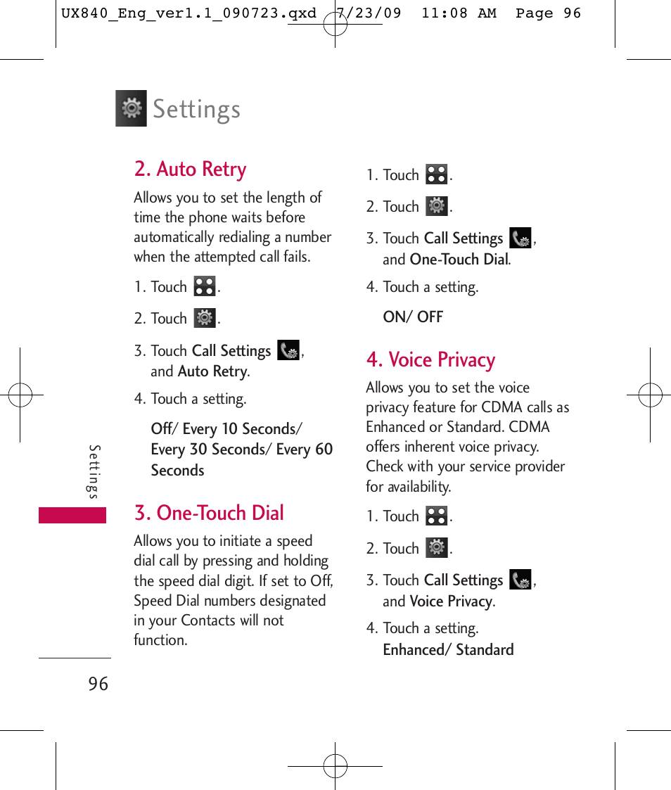 Settings, Auto retry, One-touch dial | Voice privacy | LG UX840 User Manual | Page 98 / 289