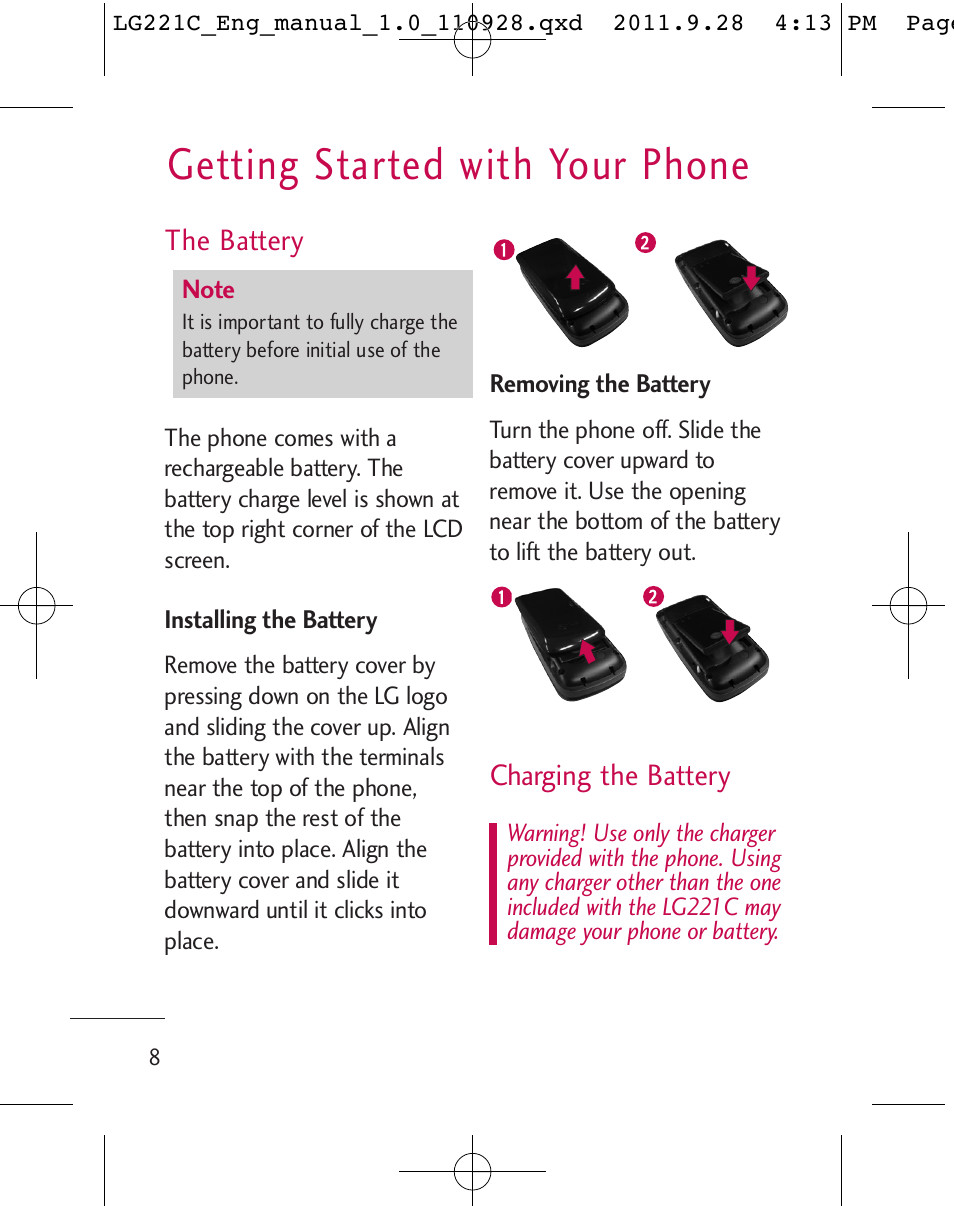 Getting started with your phone | LG LG221C User Manual | Page 10 / 210