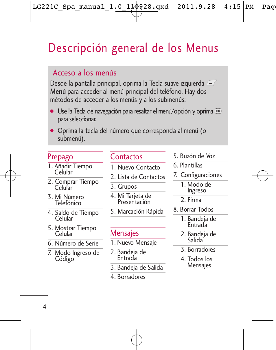 Descripción general de los menus, Prepago, Contactos | Mensajes, Acceso a los menús | LG LG221C User Manual | Page 104 / 210