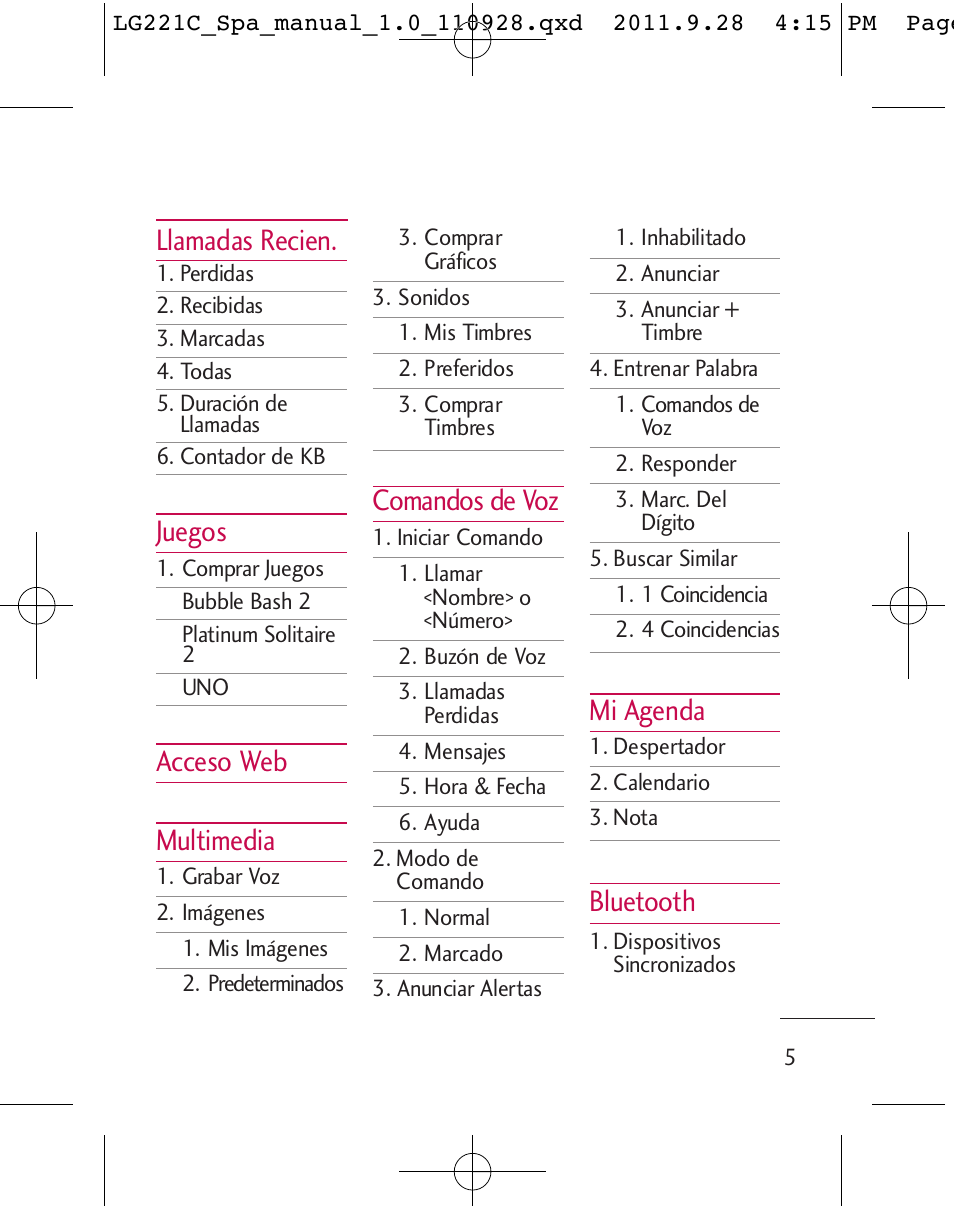 Llamadas recien, Juegos, Acceso web multimedia | Comandos de voz, Mi agenda, Bluetooth | LG LG221C User Manual | Page 105 / 210