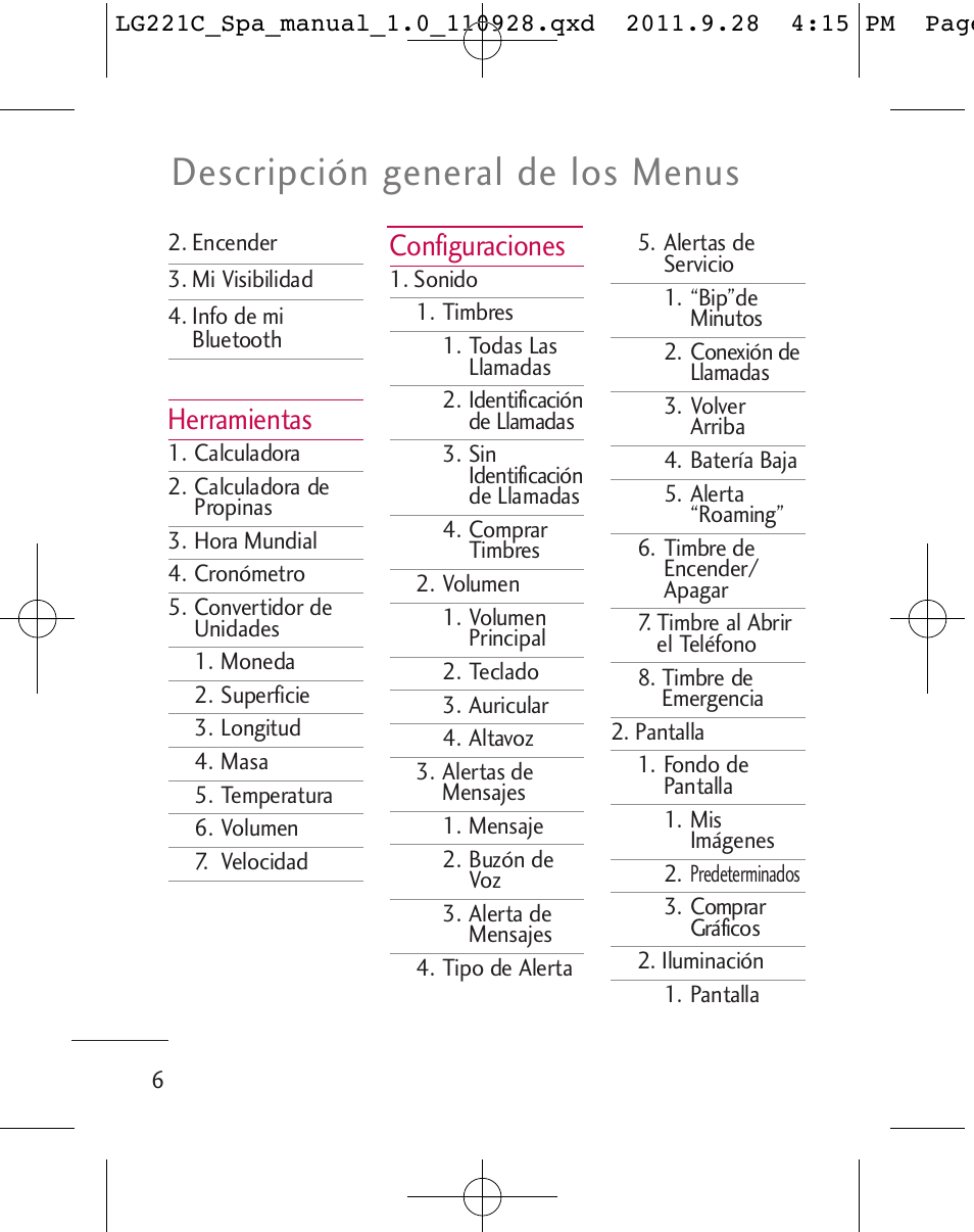 Descripción general de los menus, Herramientas, Configuraciones | LG LG221C User Manual | Page 106 / 210