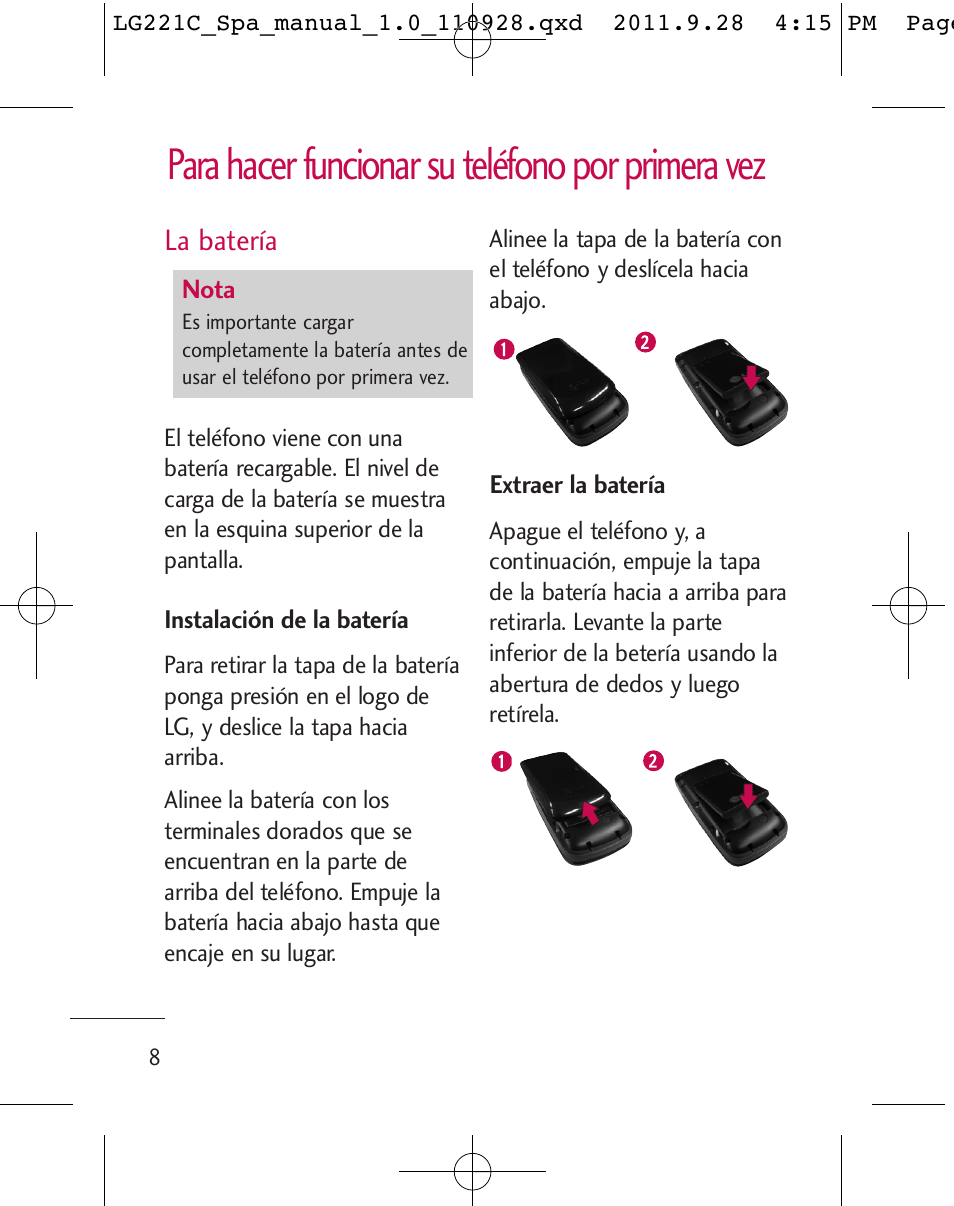 Para hacer funcionar su teléfono por primera vez | LG LG221C User Manual | Page 108 / 210