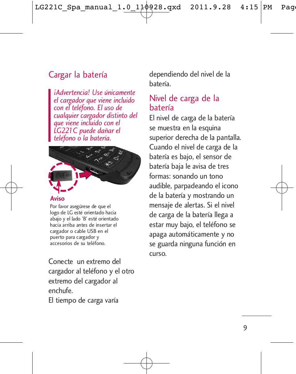 Cargar la batería, Nivel de carga de la batería | LG LG221C User Manual | Page 109 / 210