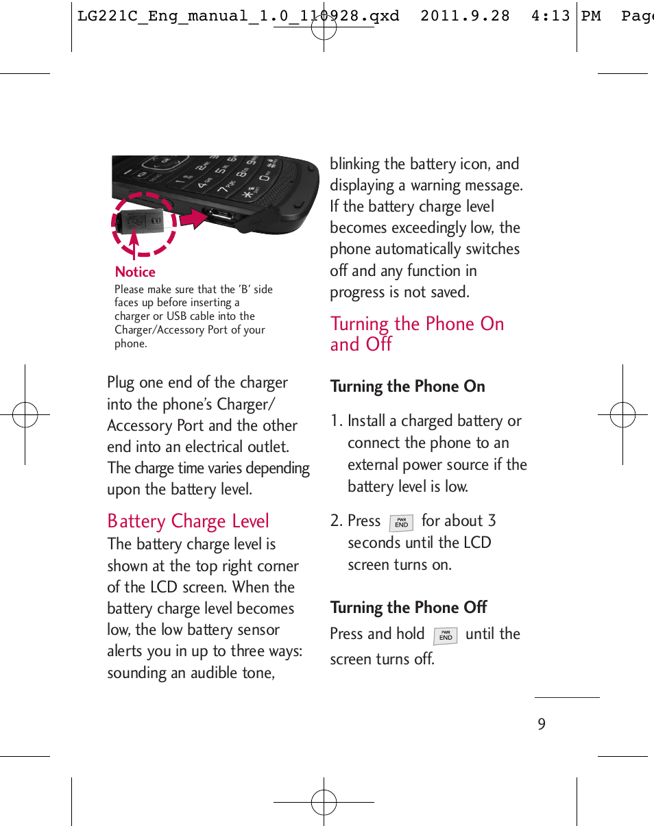 Battery charge level, Turning the phone on and off | LG LG221C User Manual | Page 11 / 210