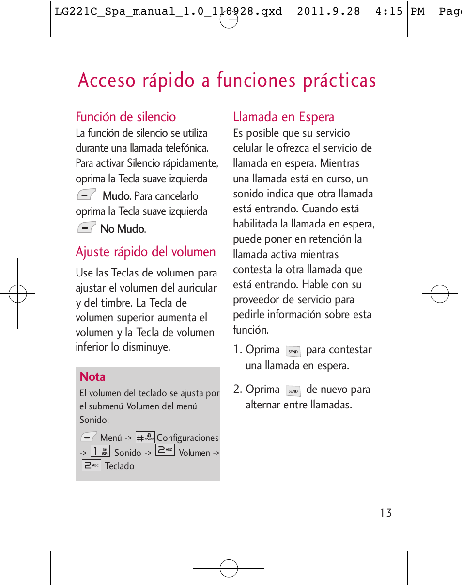 Acceso rápido a funciones prácticas, Función de silencio, Ajuste rápido del volumen | Llamada en espera | LG LG221C User Manual | Page 113 / 210