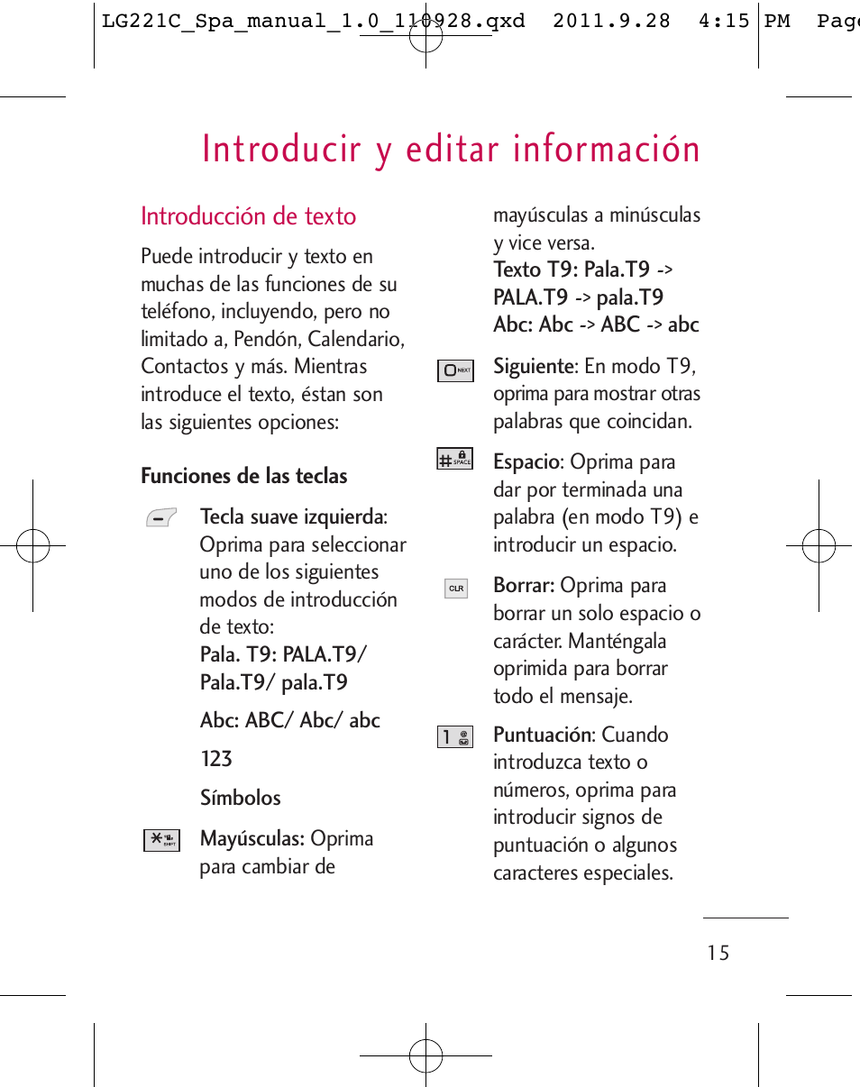 Introducir y editar información, Introducción de texto | LG LG221C User Manual | Page 115 / 210