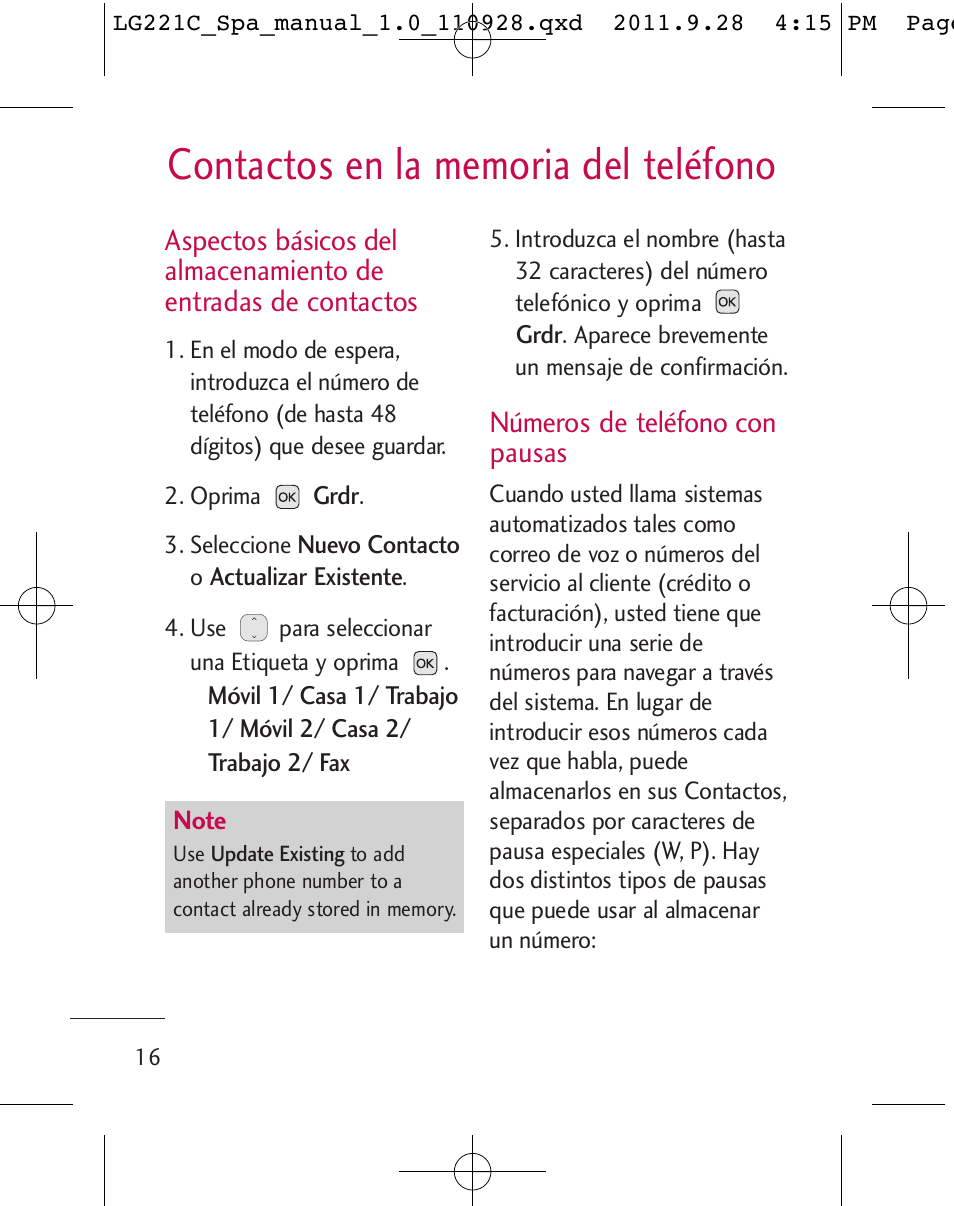 Números de teléfono con pausas | LG LG221C User Manual | Page 116 / 210