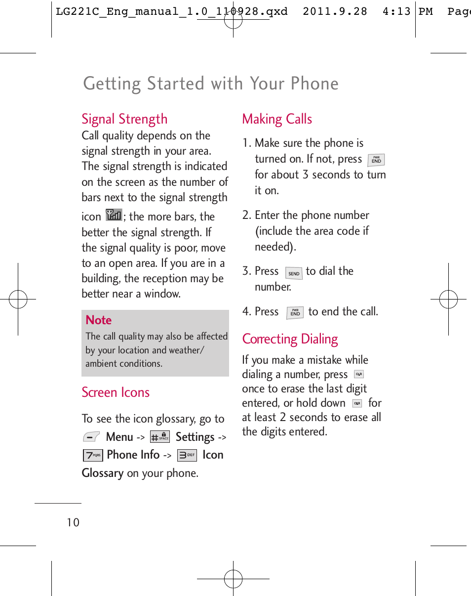 Getting started with your phone, Signal strength, Screen icons | Making calls, Correcting dialing | LG LG221C User Manual | Page 12 / 210