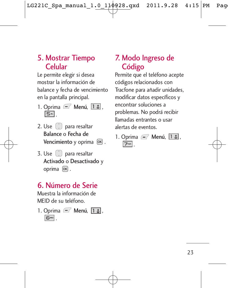 Mostrar tiempo celular, Número de serie, Modo ingreso de código | LG LG221C User Manual | Page 123 / 210