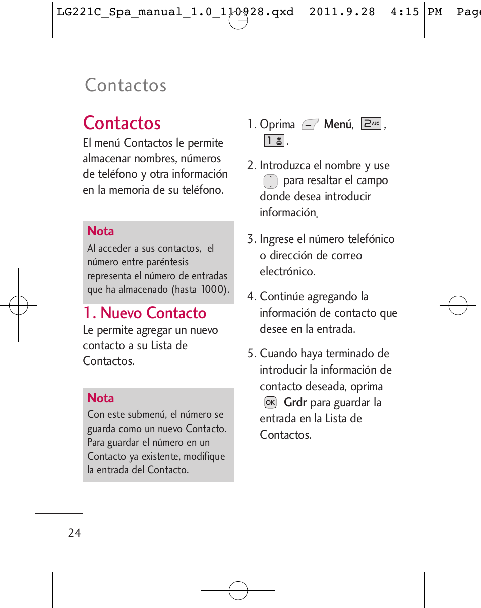 Contactos, Nuevo contacto | LG LG221C User Manual | Page 124 / 210