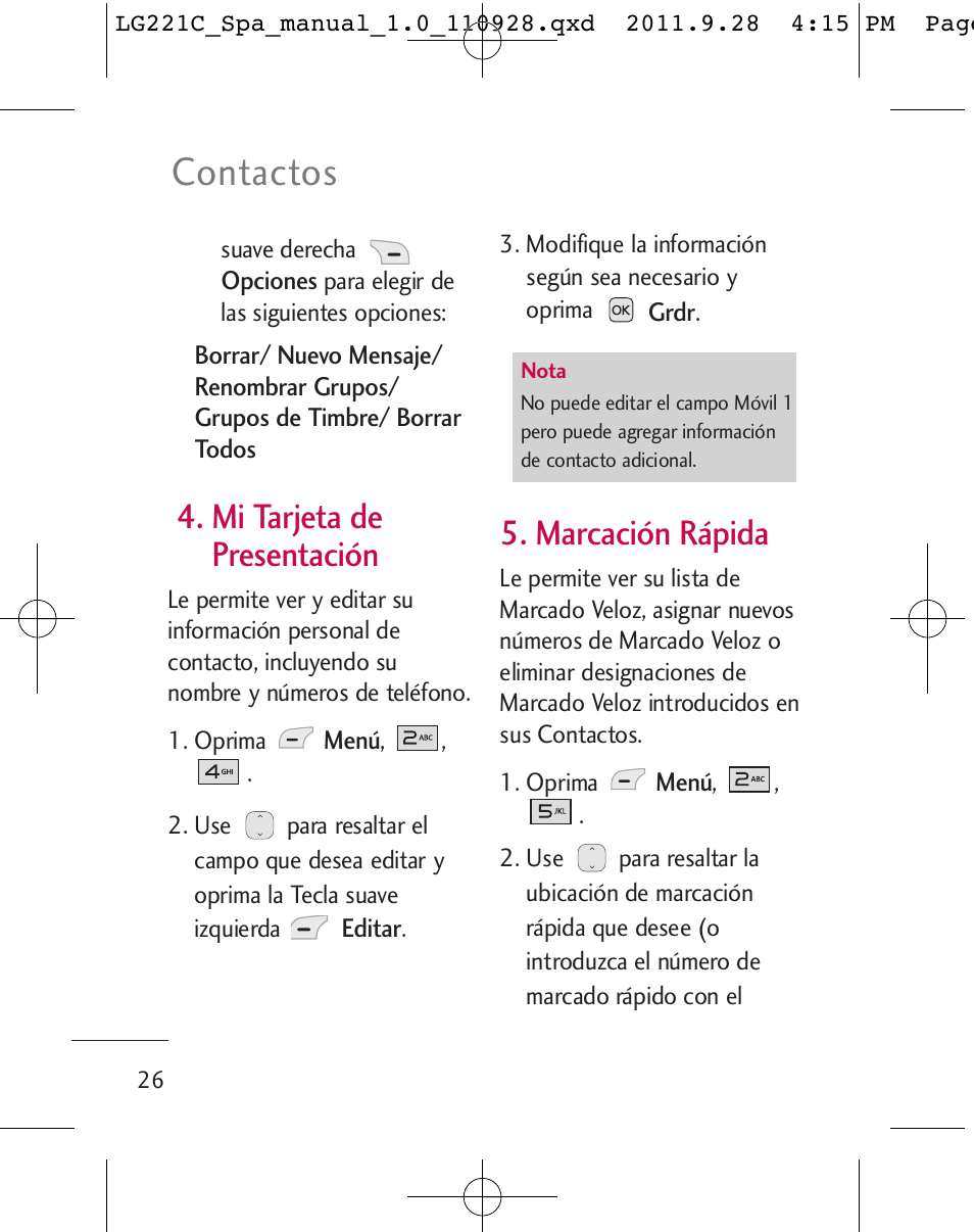 Contactos, Mi tarjeta de presentación, Marcación rápida | LG LG221C User Manual | Page 126 / 210