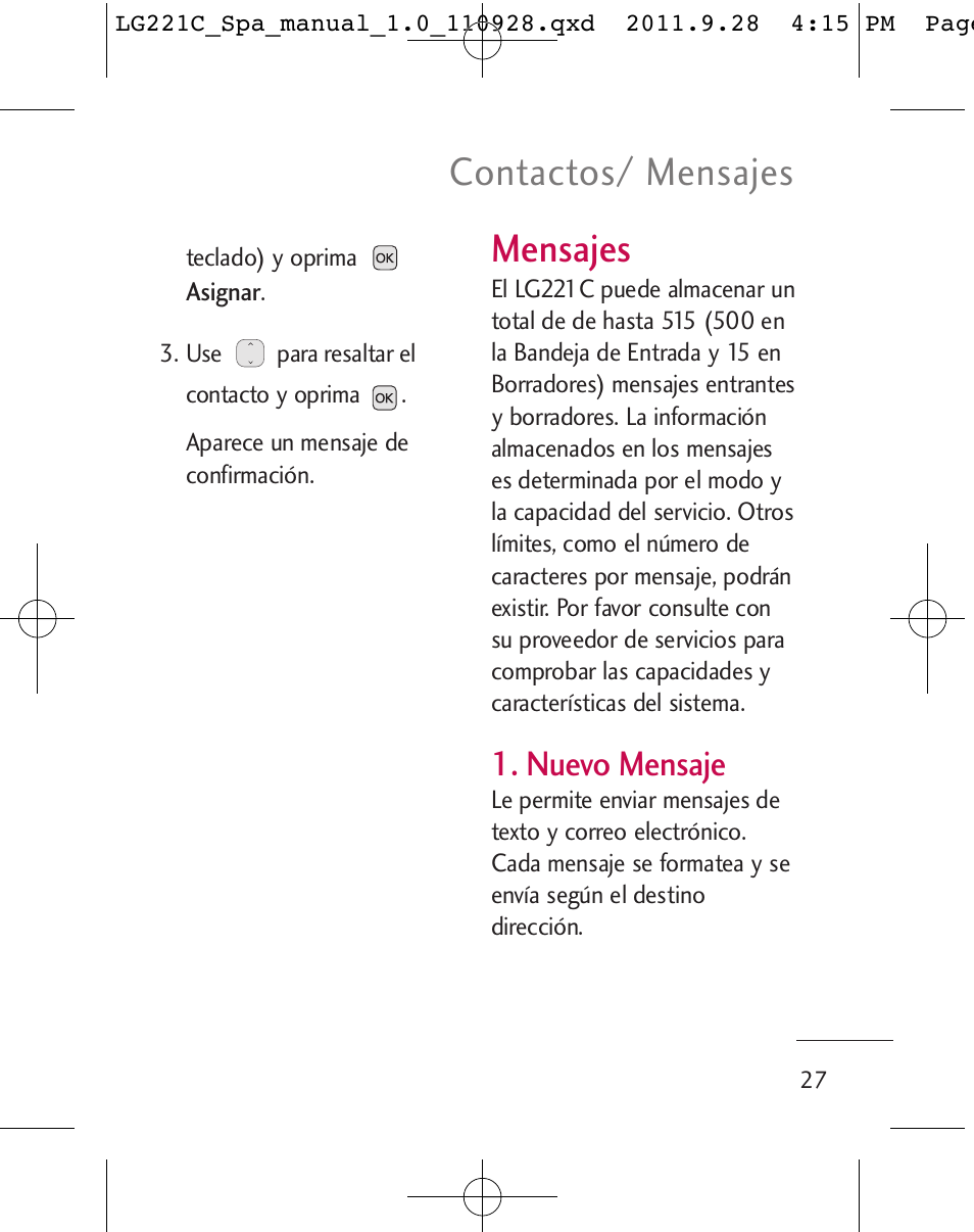 Mensajes, Contactos/ mensajes, Nuevo mensaje | LG LG221C User Manual | Page 127 / 210