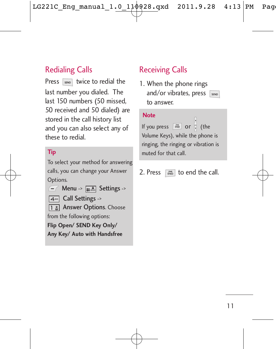 Redialing calls, Receiving calls | LG LG221C User Manual | Page 13 / 210