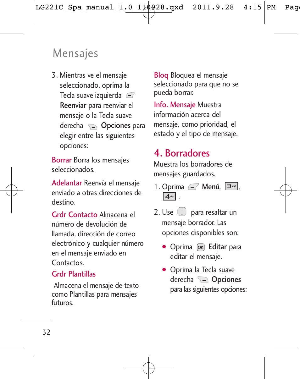 Mensajes, Borradores | LG LG221C User Manual | Page 132 / 210