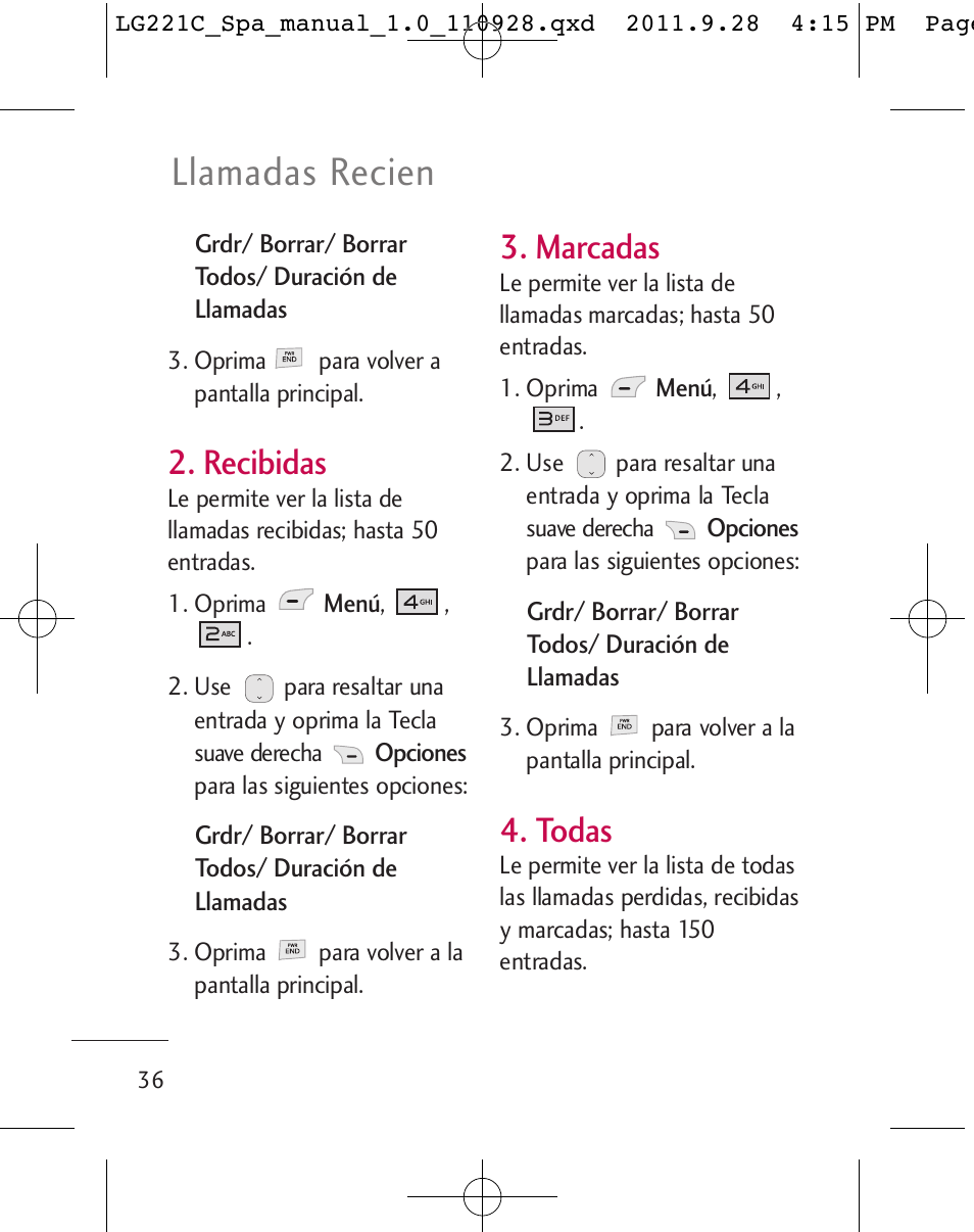 Llamadas recien, Recibidas, Marcadas | Todas | LG LG221C User Manual | Page 136 / 210