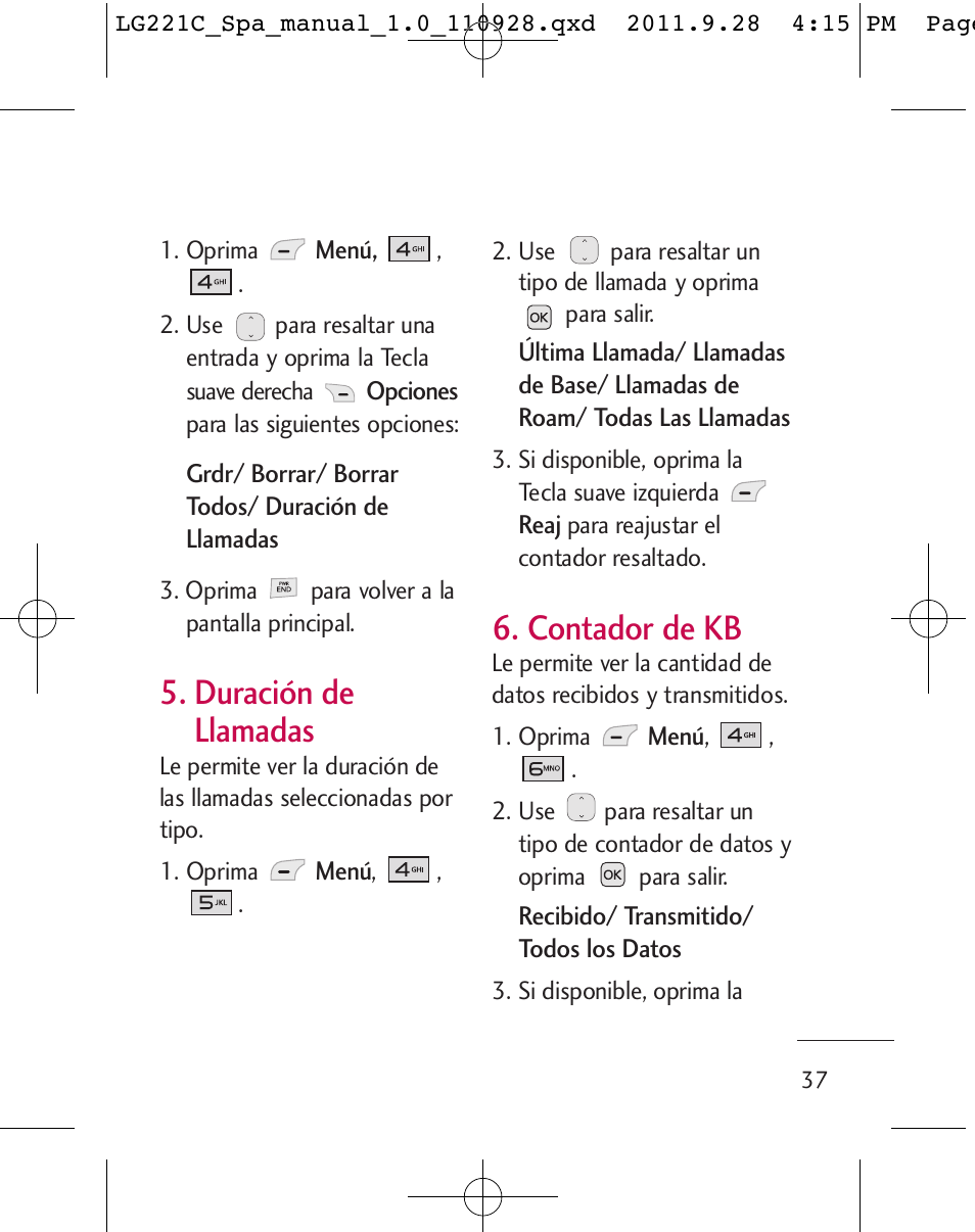 Duración de llamadas, Contador de kb | LG LG221C User Manual | Page 137 / 210