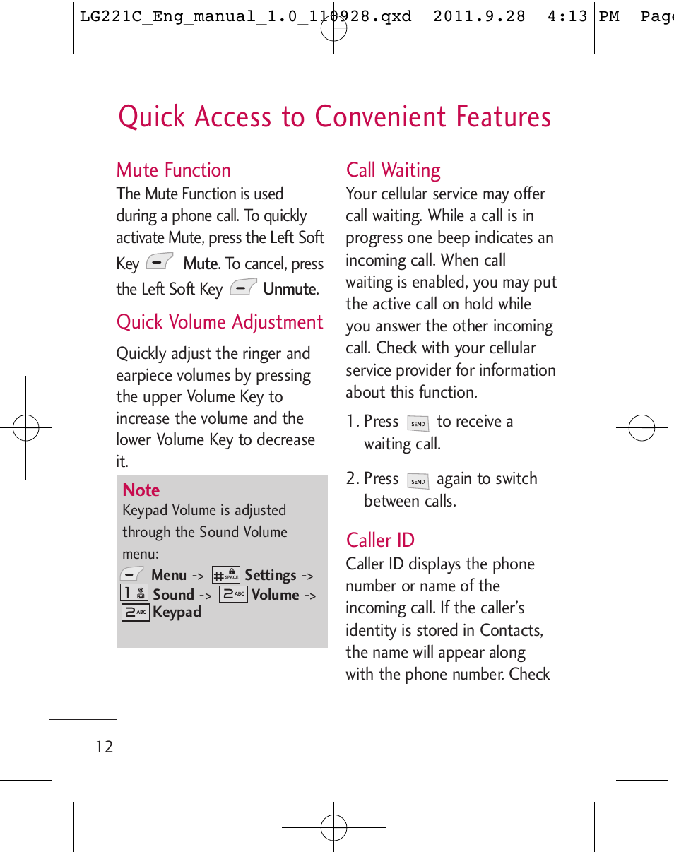 Quick access to convenient features, Mute function, Quick volume adjustment | Call waiting, Caller id | LG LG221C User Manual | Page 14 / 210