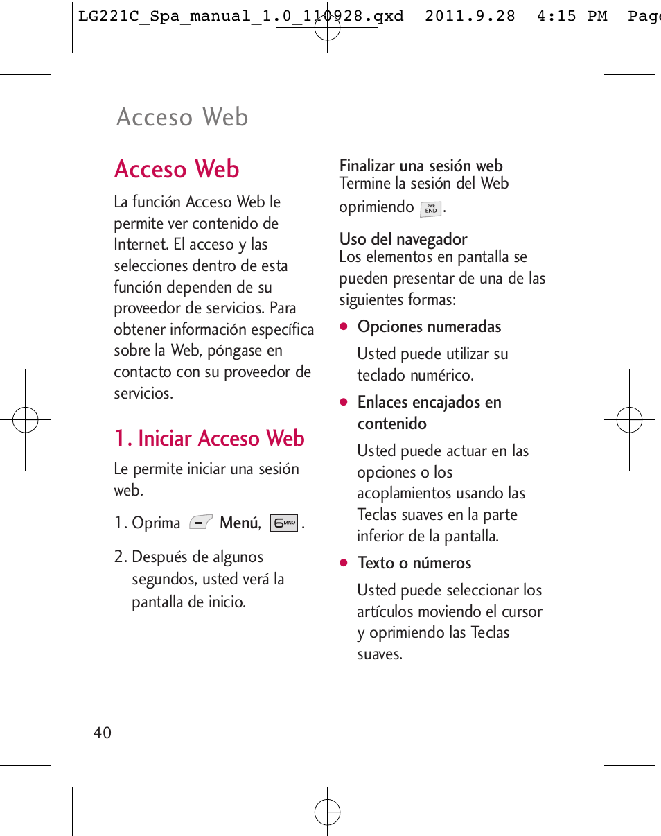 Acceso web, Iniciar acceso web | LG LG221C User Manual | Page 140 / 210